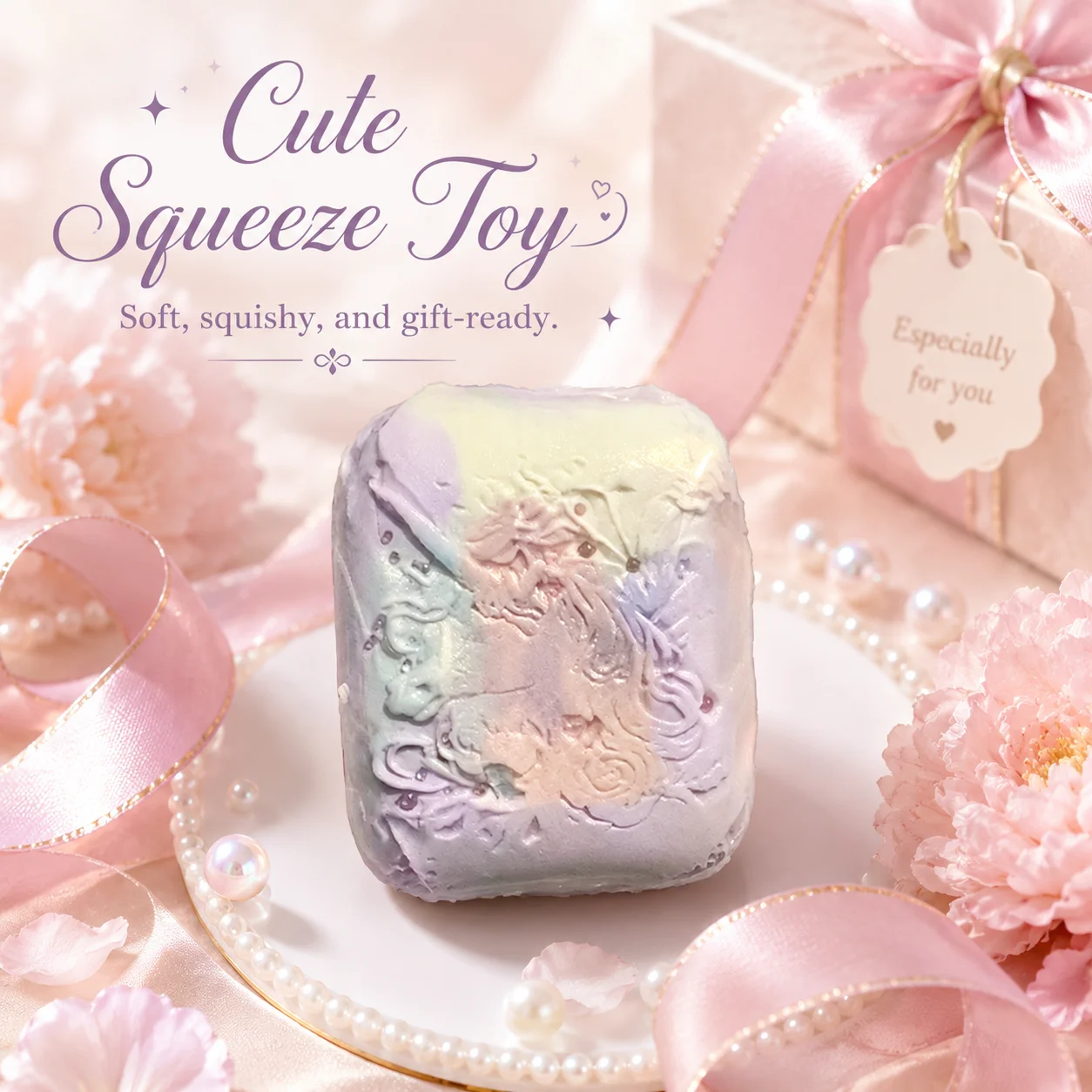 

Food Grade Squishy Toy Unicorn Embossed Square Stress Relief Squeeze Toy Pastel Purple Pink Soft Slow Rising Fidget Toy For Kids
