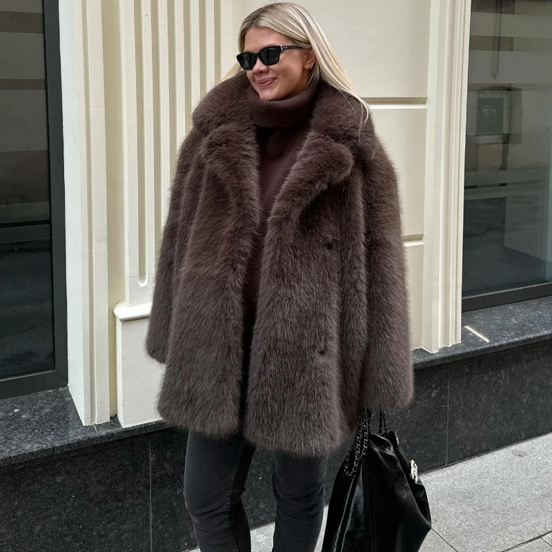 TARUXY موضة التلبيب معطف الفرو المرأة الصلبة طويلة الأكمام فضفاضة أنيقة فاخرة شتاء دافئ فو الفراء معطف الإناث التنقل سترة #1