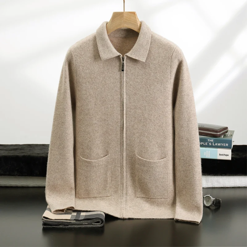 

High Quality Men 100% Cashmere Cardigan Autumn Winter Thick Sweater Polo Collar Smart Casual Coat with Pocket Warm Cashmere Knit
