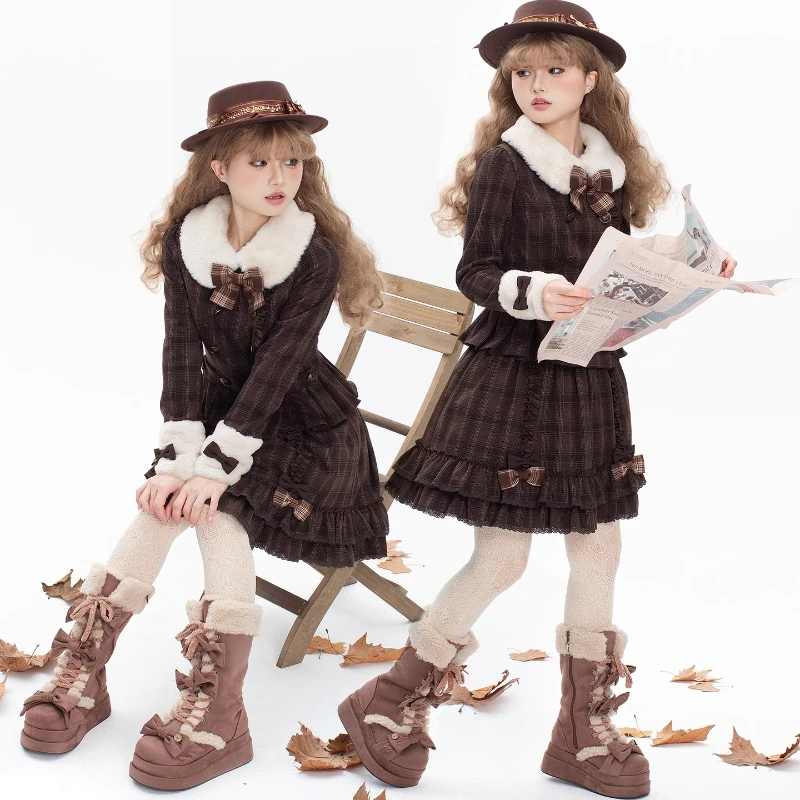 Japanese Kawaii Preppy Style Skirt Set for Women – Sweet Bow Plush Patchwork Plaid Coat  Cake Skirts, Vintage  Lolita Outfits