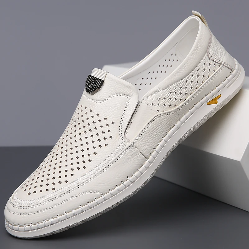 

2025 Men Casual Footwear Breathable Mens Leisure Walk Loafers Genuine Leather Moccasins Hollow Out Slip on Male Driving Shoes