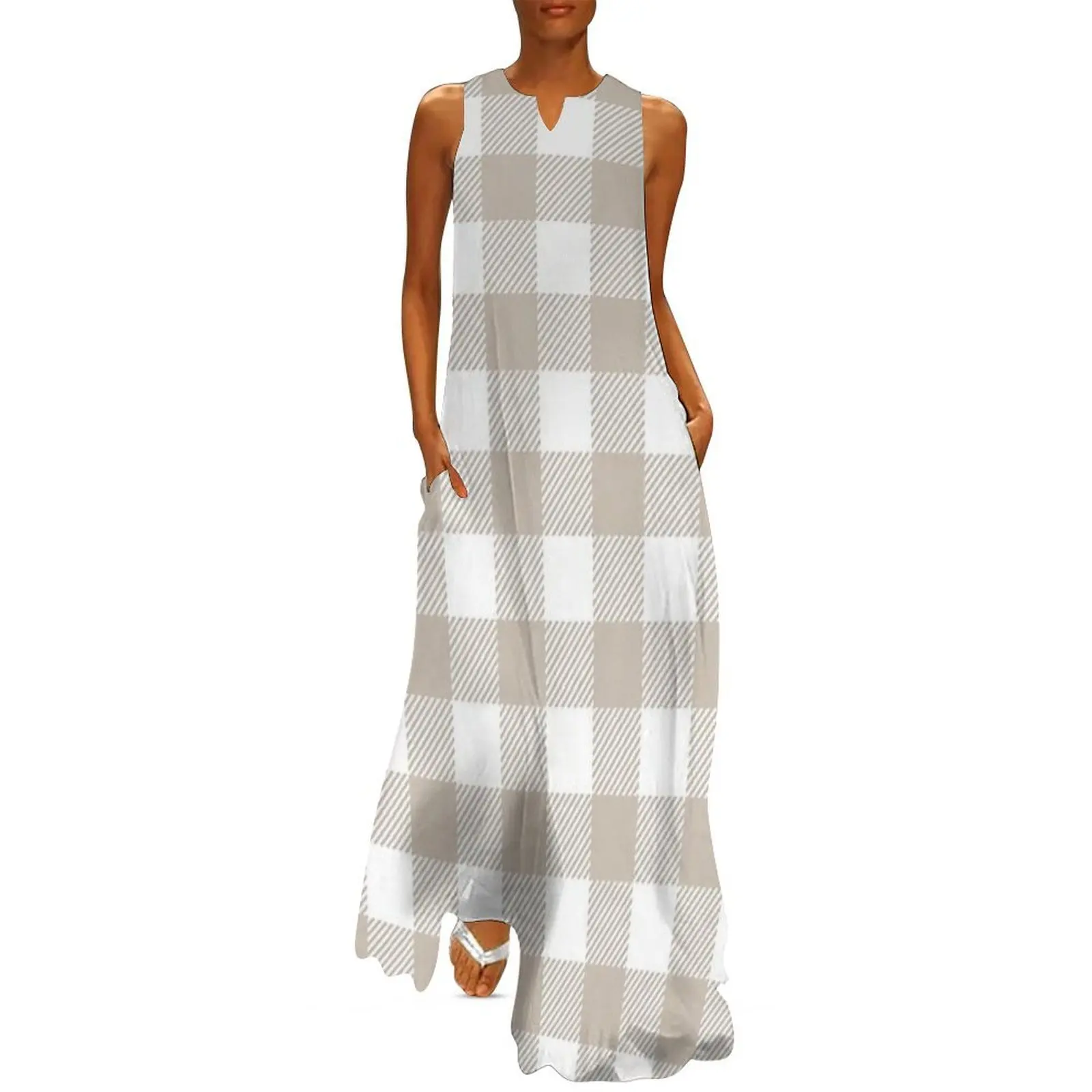 

Beige and White Gingham Print All Over Long Dress Bridesmaid dress woman summer women's dress 2025 woman