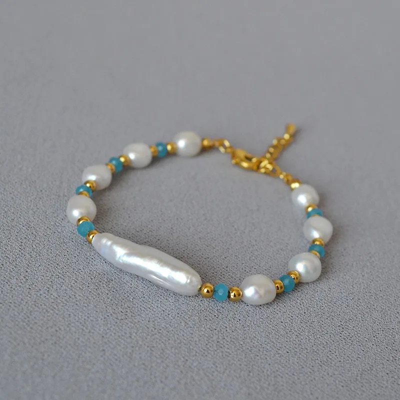 

French Niche New Retro Irregular Baroque Freshwater Pearl Small Bar Blue Separated Beads Simple Temperament Bracelet for Women