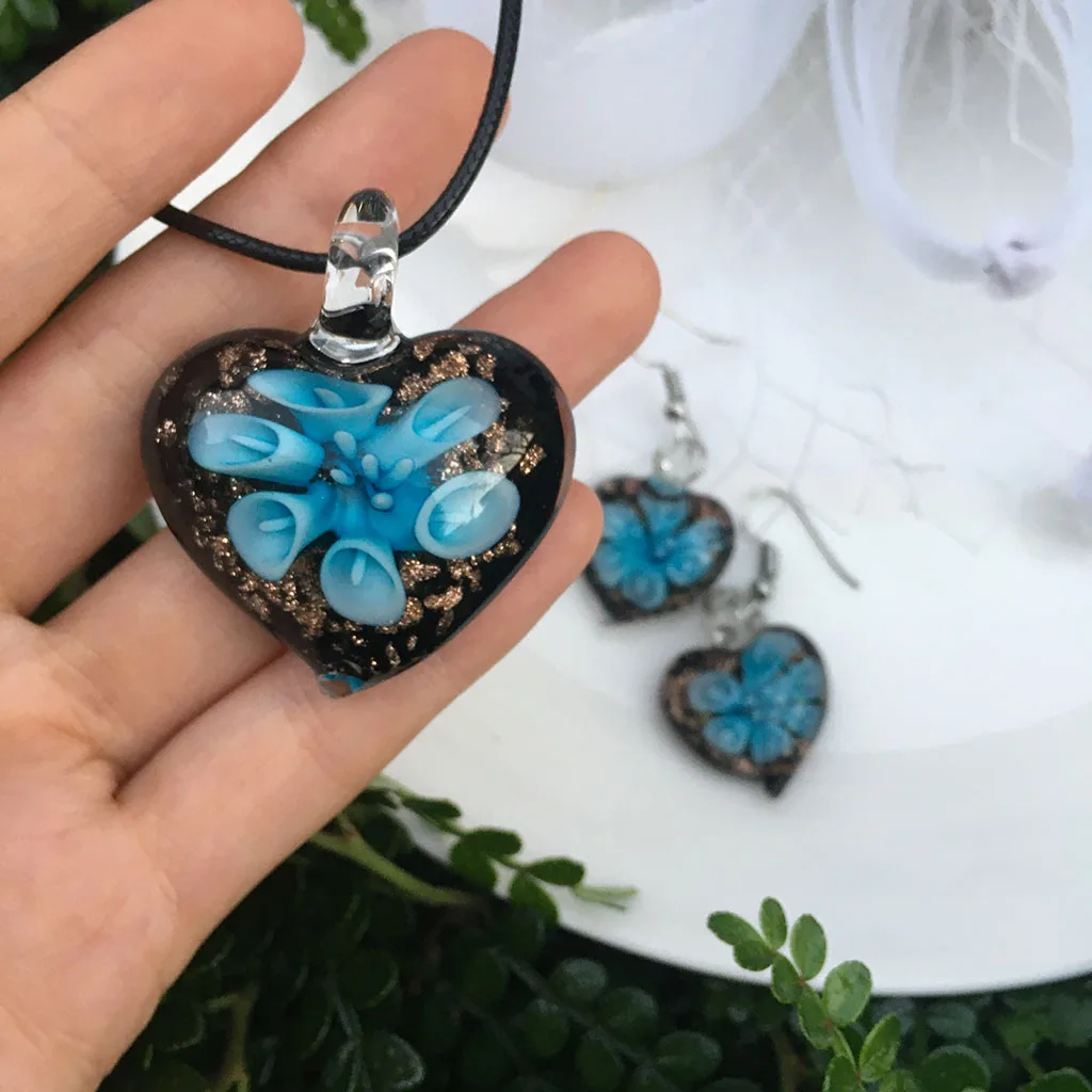 1 Set Wholesale Handmade Blue Murano Glass Flower Drop Lampwork Pendant Necklace Earring  Jewelry Set Cheap Item