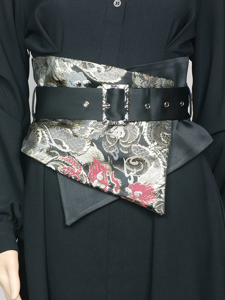 New Luxury Wide Waistbands for Women Double Layer Irregular Satin Fabric Printing Slim Corset Elegant Ladies Suit Dress Cinturon