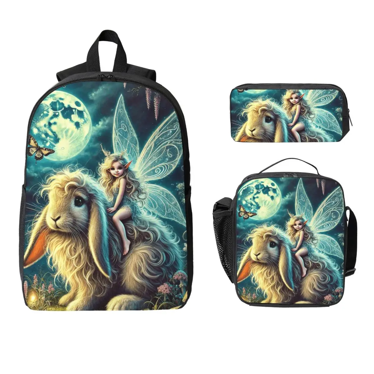 Fairy And Rabbit From A Dreamlike Forest Backpack Boys Girls BookBag School Bag Laptop Shoulder Bags 3ps Lunch Bag Pencil Case