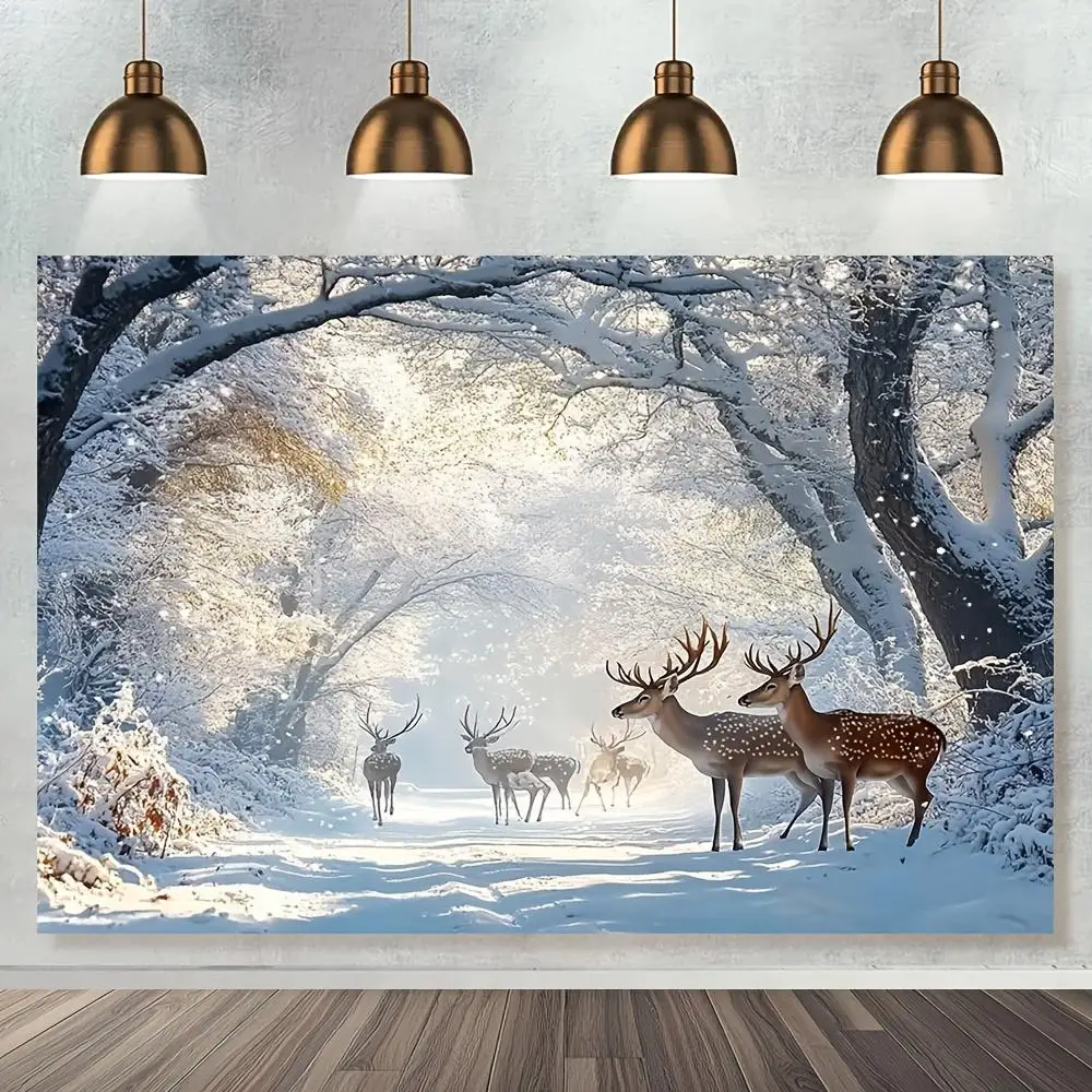 Large Winter Wonderland Reindeer Wall Tapestry - Snowy Forest Deer Scene with Stag & Fawns, Lightweight Polyester Fabric Horizon