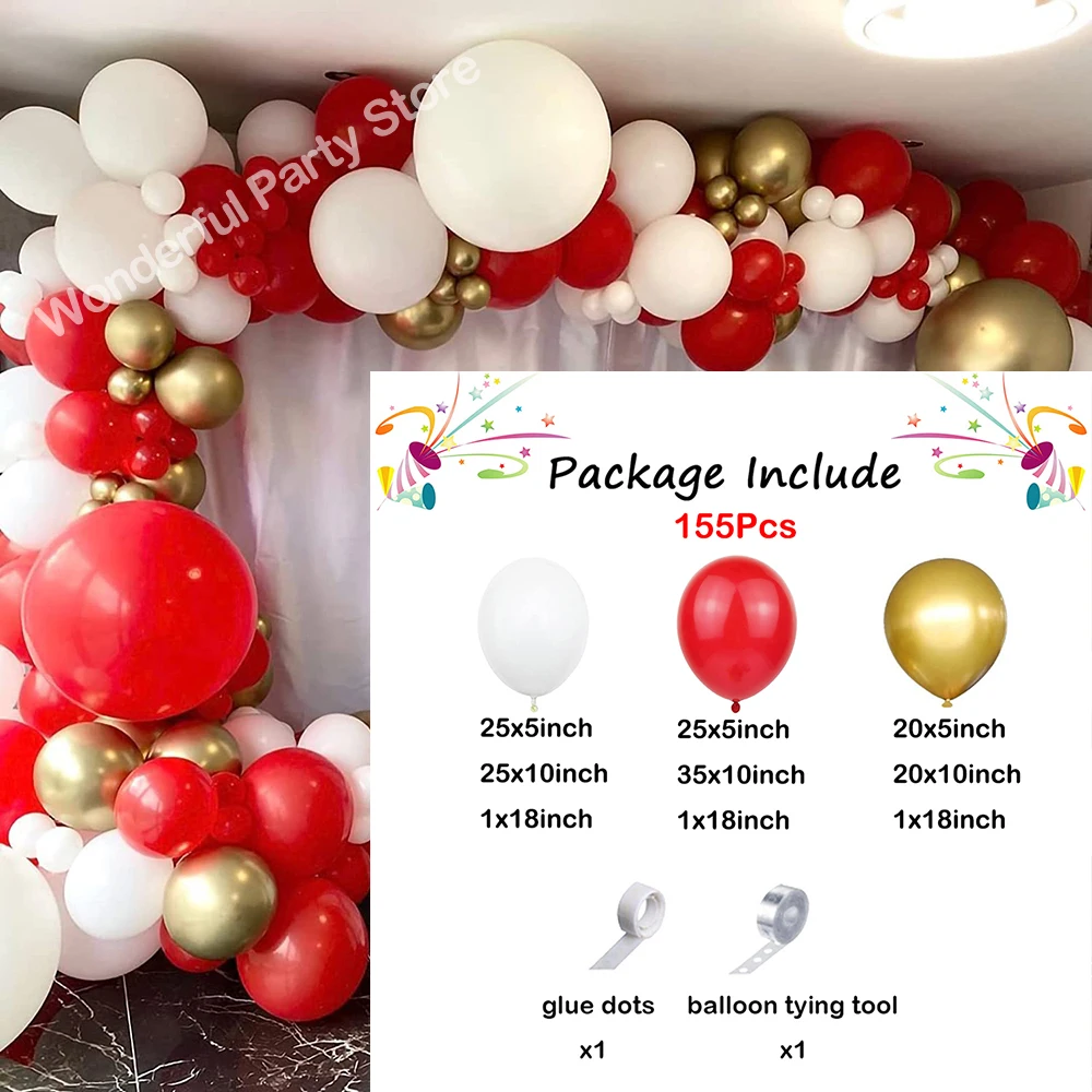 155Pcs Red Balloon Garland Kit Arch White Metal Gold Balloons Anniversary Party Wedding Birthday Baby Shower Christmas Decoratio