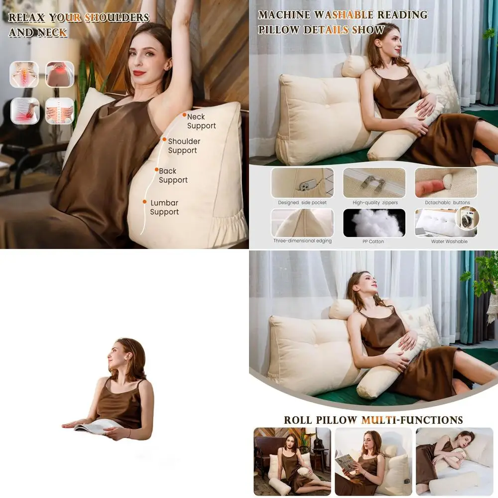 

Треугольная подушка изголовья клина King Size со съемным рулоном головы, боковым карманом, льняной подушкой для чтения для кровати, дивана, пола -