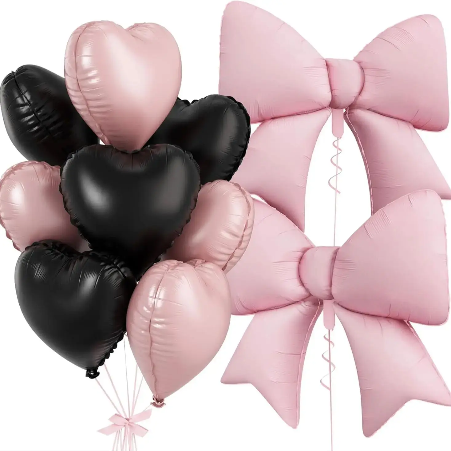 10pcs Pink Black Bow & Heart Balloons, Pink and Black Heart Shaped Bow Balloons Coquette Bridal Birthday Party Valentines Decor