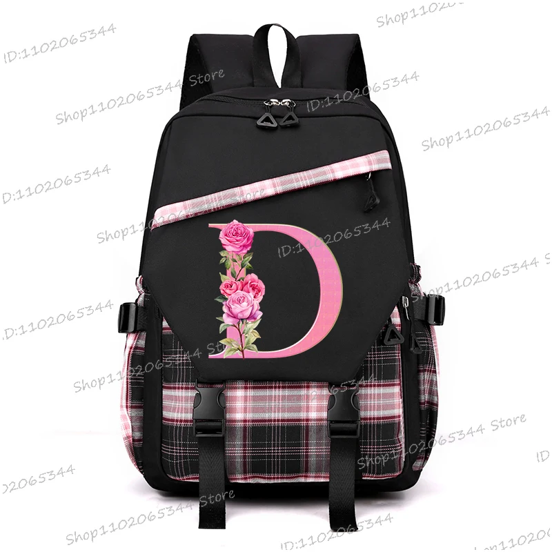 

Pink 26 Initials Flower Pattern Backpack Student Back To School Rucksack Fashion College Bag Vintage Teenager Mochilas Escolar