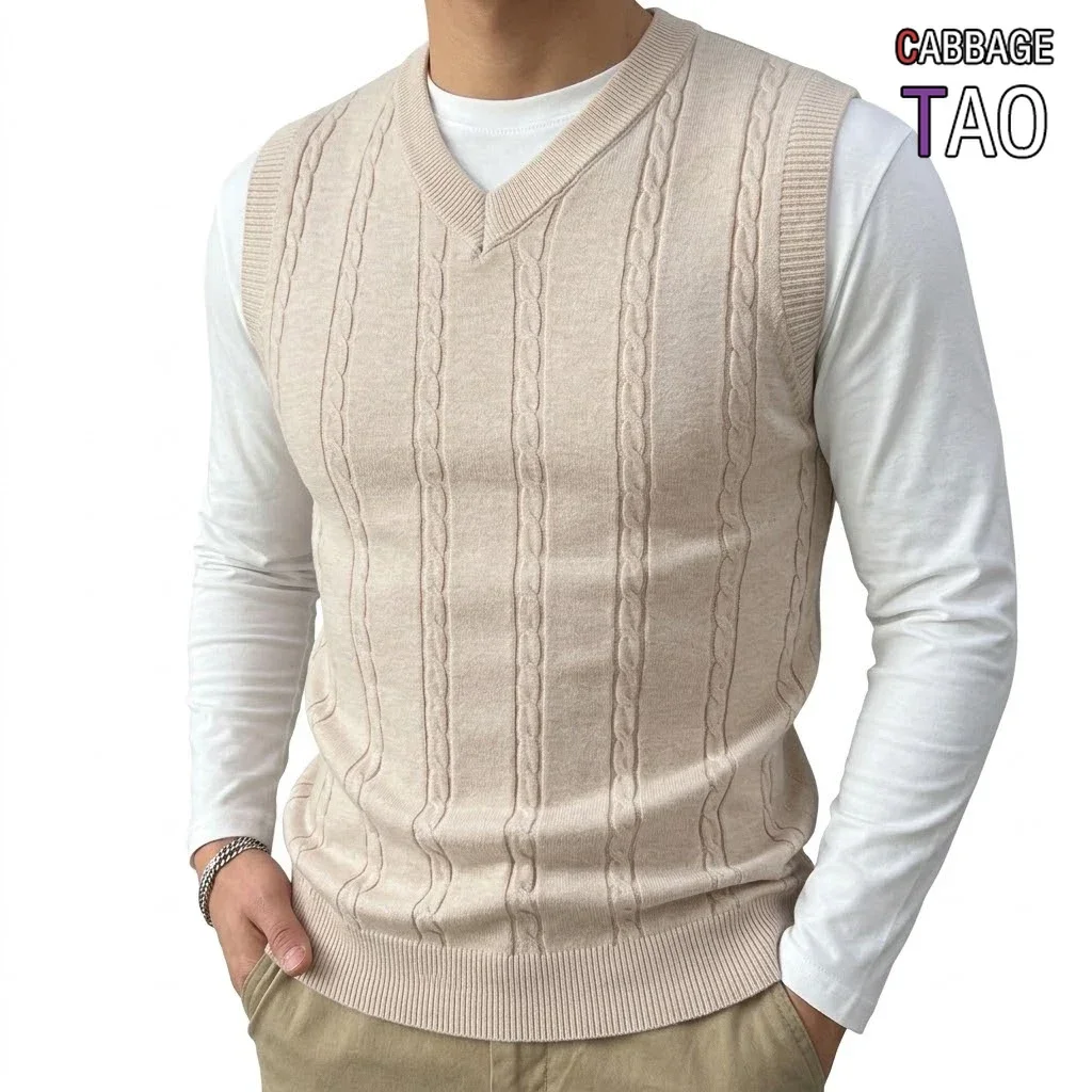 Fall Mens VNeck Knit Waistcoat Cable Knit Pullover Sleeveless Casual Tailored Fit Knit Apparel Tops Work Outfit for Males