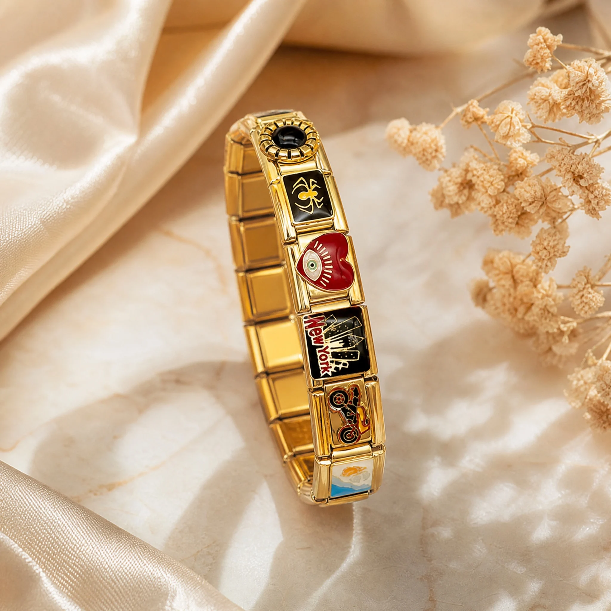 Personalized DIY Gold Color Italian Charm Bracelet Stainless Steel Poker Princess Bling Motorcycle Bead Fit 9mm Bracelet Jewelry 5