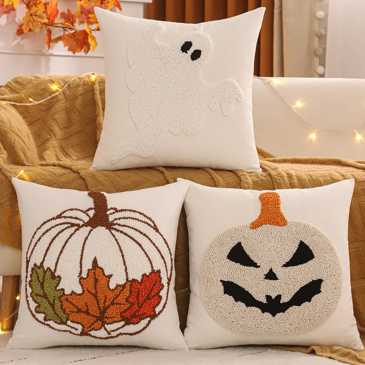 1PC Tufting Halloween Dekoration Wurfkissenbezug Kürbis Geist Fledermaus Leinwand Herbst Thanksgiving Erntehaus Wohnzimmer