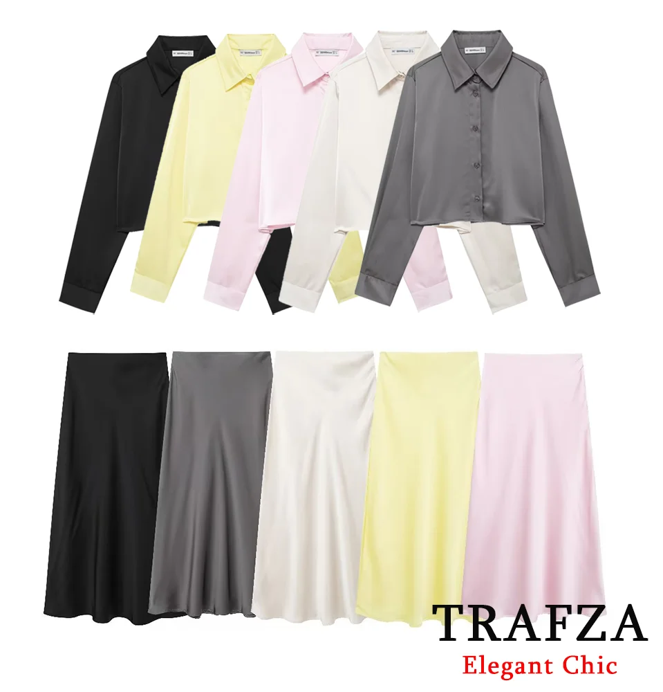 TRAFZA Basic All-match Fishtail Skirt Shirt Set Women\'s Lapel Shirt and Skirt Suit New Spring Autumn Fashion Urban Commuter Set