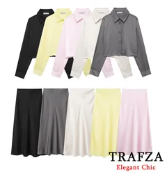 TRAFZA Basic All-match Fishtail Skirt Shirt Set Women's Lapel Shirt and Skirt Suit New Spring Autumn Fashion Urban Commuter Set