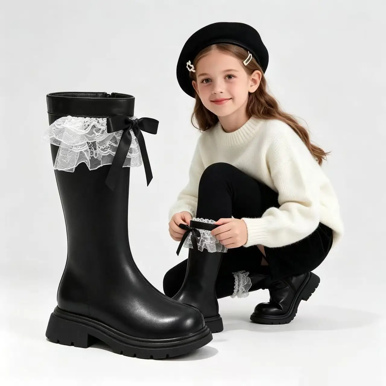 Girls Lace Ruffle Tall Boots 2026 New Winter Kids Princess Long Boots Bowknot Fleece Lined Warm Cotton Boots Non-slip Girls
