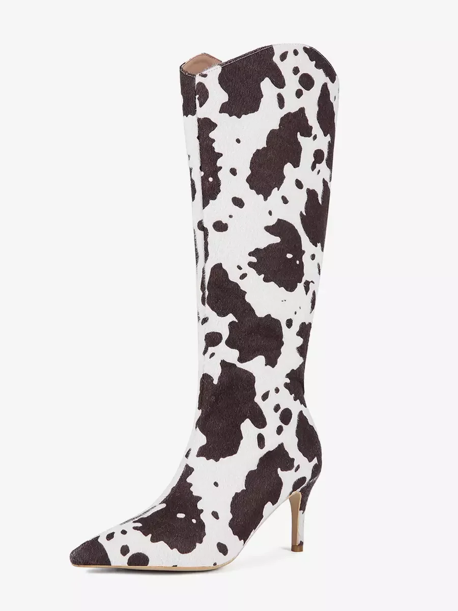 

Cow Print High Heel Knee High Boot Women Sexy Pointed Toe Stiletto Heel Side Zipper Elegant Banquet Party Dress Long Boot