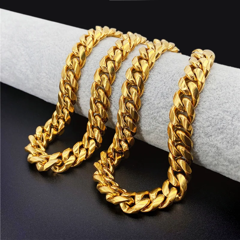 

8-12mm Titanium Steel Cuban Chain Necklace Gold Plated Hiphop Jewelry Miami Link Necklace Men Women 36inch Wholesale Rock Gift