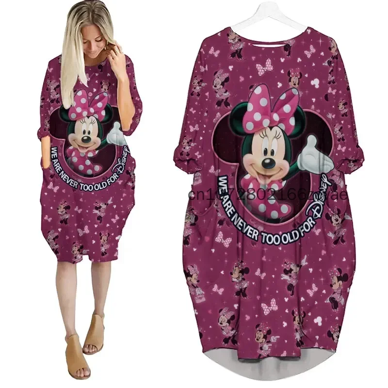 

New Minnie Mouse Women's Batwing Pocket Dress Disney 3D Printed Oversize Fashion Street Dress Long sleeved Nightgown