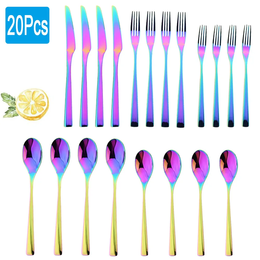 

20Pcs Rainbow/Silver Dinnerware Set Stainless Steel Cutlery Fork Spoon Knife Flatware Kitchen Western Tableware Dishwasher Safe