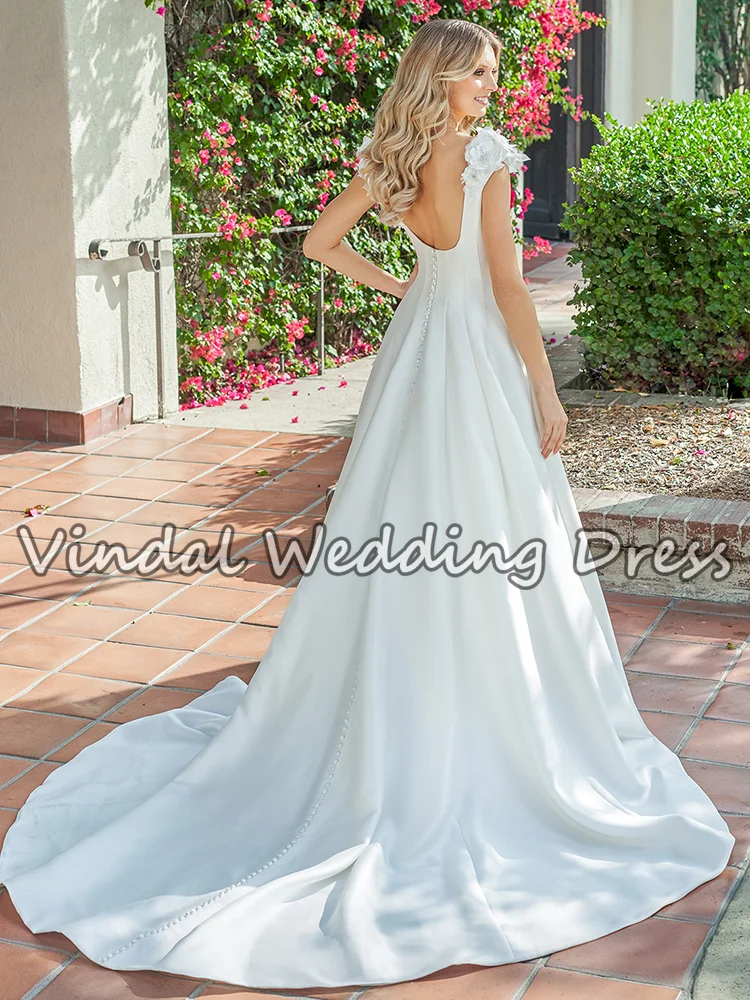 Vestidos de novia sencillos y elegantes de satén, corte en A, cuello cuadrado, correa de flores 3D, vestido de novia Formal, vestidos de fiesta al aire libre personalizados