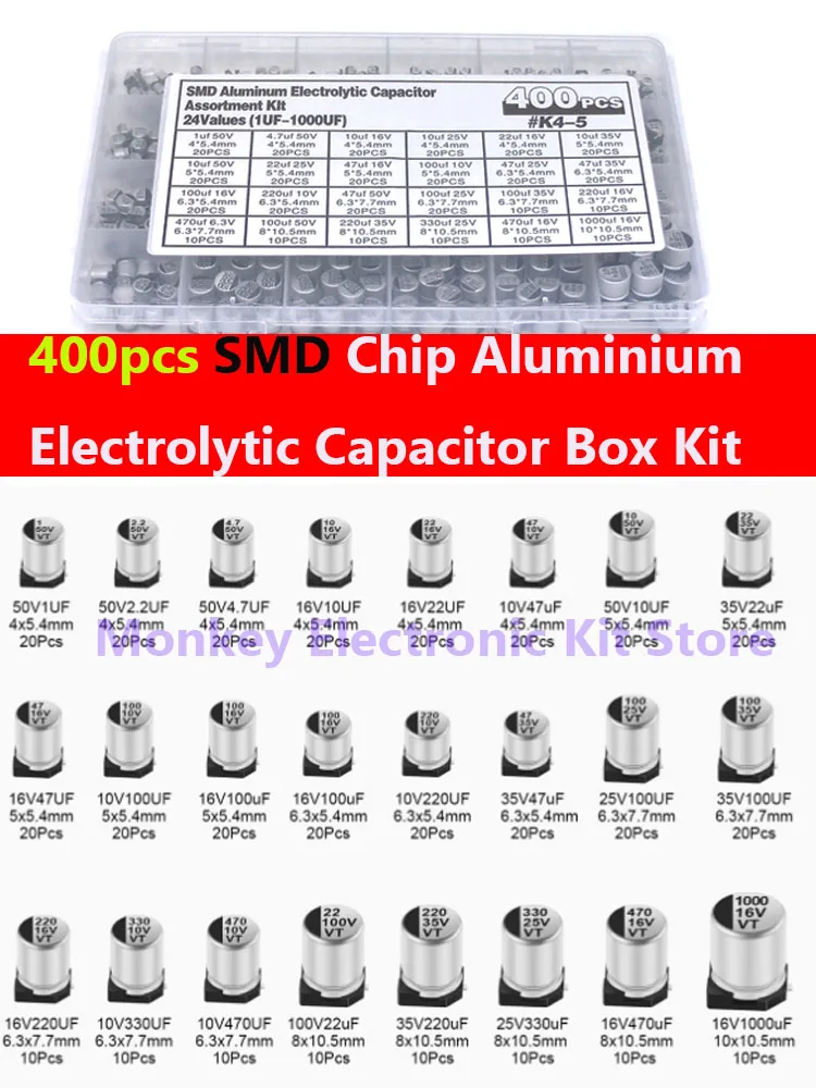 

400Pcs capacitor kit Aluminum Electrolytic Capacitors SMD Assortment Kit 1uF~1000uF 6.3V-50V 24Value with box kit de reparación