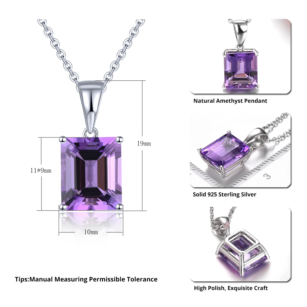 Natural Amethyst Sterling Silver Women's Pendant 3.9 Carats Genuine Crystal Octagon Cut Classic Simple Style S925 Jewelry