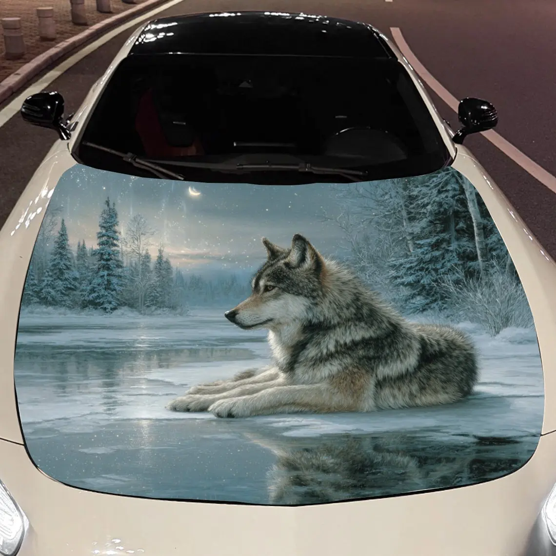 

Автомобильные наклейки Реалистичный волк, отдыхающий на замороженном озере в снежном лесу, наклейка на капот автомобиля, водонепроницаемая самоклеящаяся виниловая графика