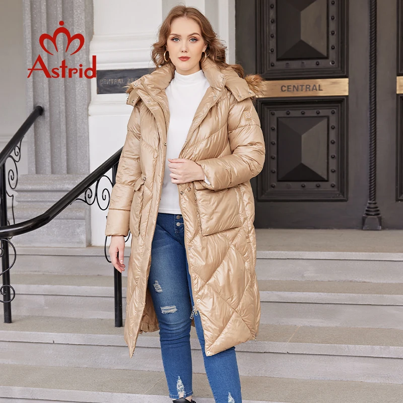 Astrid Winter Women's Parkas Fashion Quilted Jacket Oversize Hooded Natural Fur Collar Bio Fluff Hight Quality Female Clothing