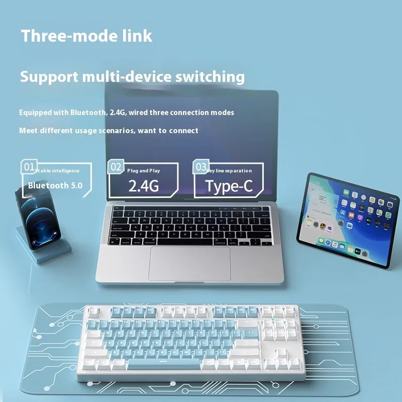 EWEADN MT87 Teclado mecánico inalámbrico ratón Combo interruptor azul tri-modo retroiluminación blanca 87 teclas azul blanco Keycap para oficina