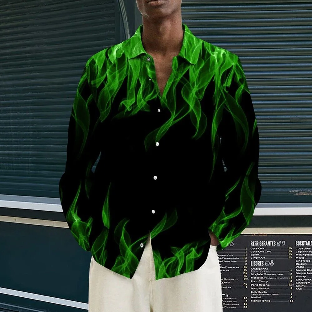 Chemise à manches longues pour hommes, motif de flamme, bouton à revers, grande taille, rue décontractée, confortable, tissu doux, livraison rapide