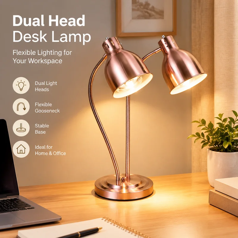 Buffet Heat Lamp, Dual Head Adjustable Food Warmer, Rose Gold Metal Marble Base Pro Countertop Warming Light for Restaurant Use