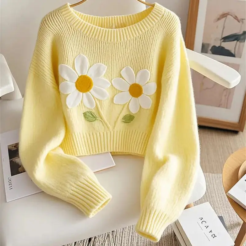 Limiguyue Autumn Winter French Yellow Flower Knitted Sweater Women Soft Short Wool Pullover Fashion O-neck Knitwear Causal 541P