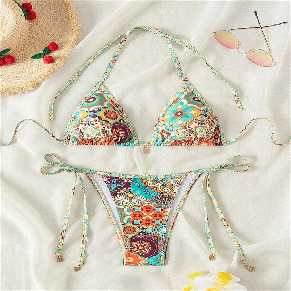 Sexy Boho Stampa Bikini Halter String Backless Lace Up Y2K Costume da bagno Costumi da bagno Vacanza Outfit Costume da bagno Donna Beach Bikini Set