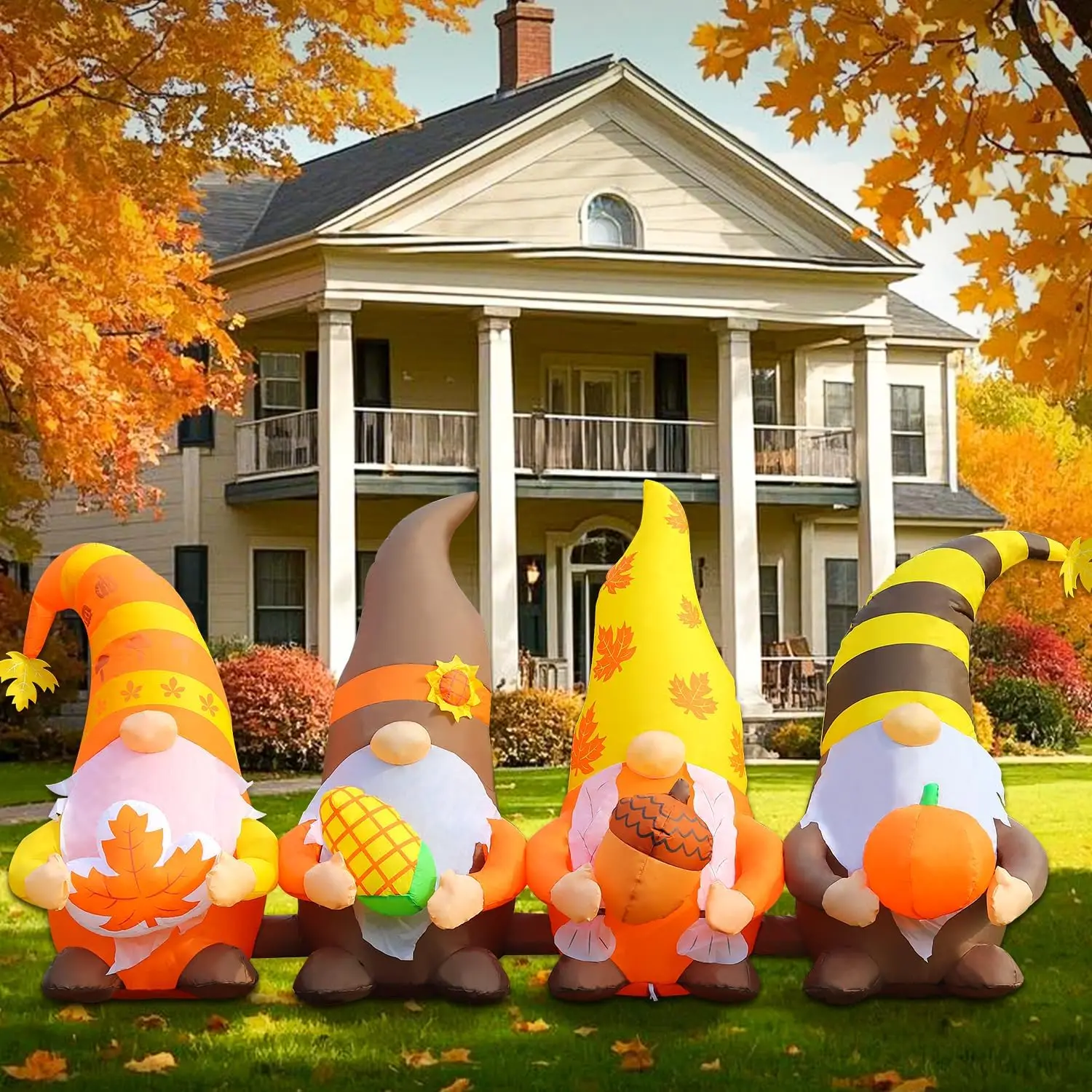 8FT Thanksgiving Inflatables Outdoor Decorations, Four Gnomes Fall Blow up Built-in LED Lights for Yard Autumn Holiday Harvest D