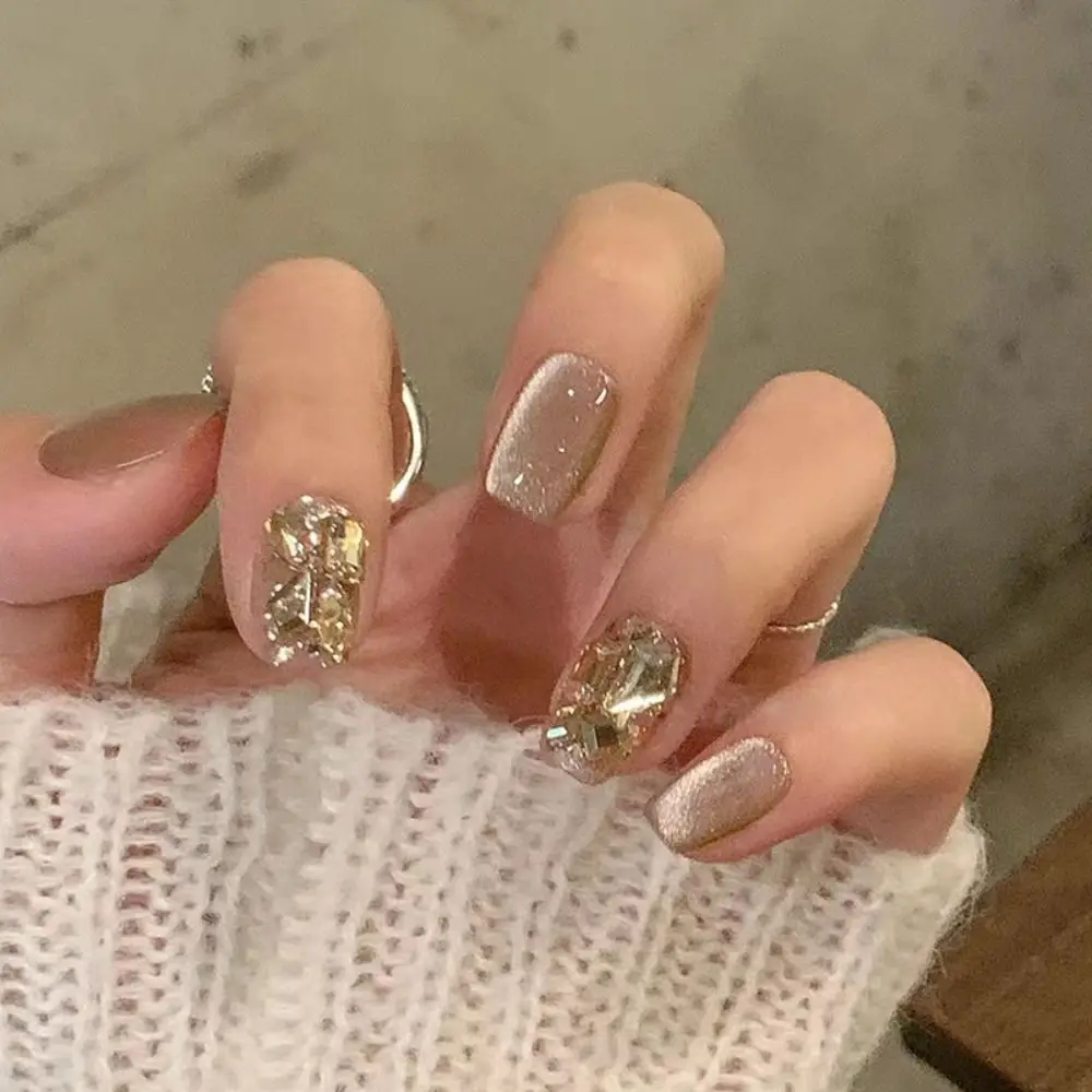 

Fashion Short Ballerina False Nails French Shining Crystal Fake Nials Detachable Full Cover Nail Tips Women Girls