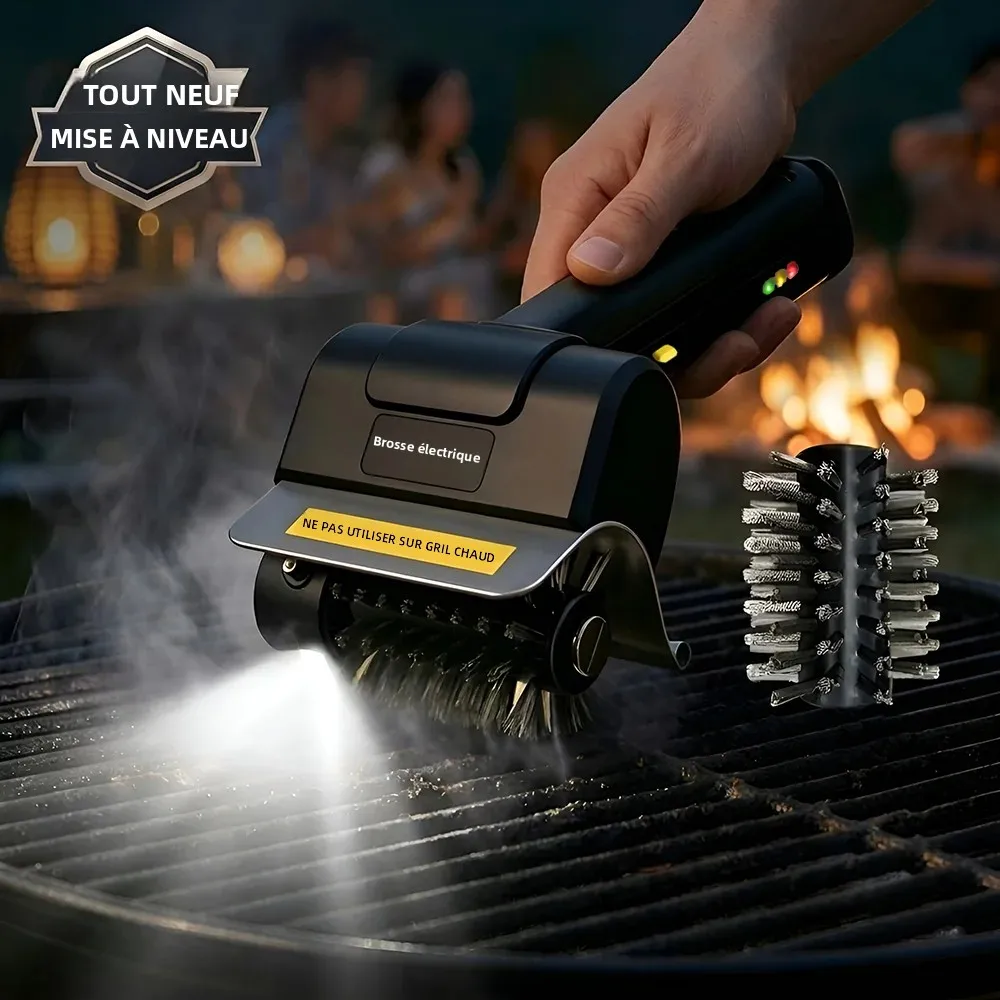Brosse de nettoyage électrique pour barbecue à LED, rechargeable sans fil, en acier inoxydable, rotative, pour camping et pique-nique en extérieur