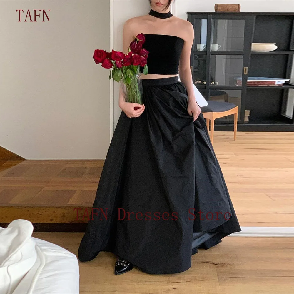 

TAFN Two Piece Black Floor-Length Dresses Korea Photo Shoot Simple Elegant Sleeveless Dresses Custom Made for Special Event