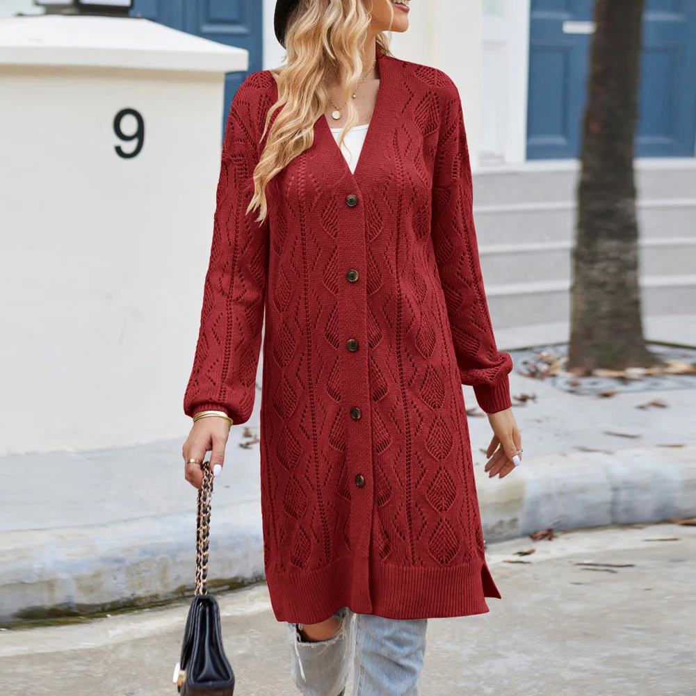 GK Women Winter Warm Hollowed Out Long Sleeve Cardigan Side Slit Mid-Thigh Length Button Up Sweater Female Slim Fit Sweater