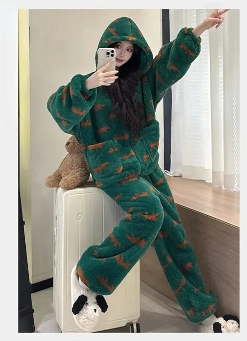 

Зимний милый фланелевой пижамный комплект для женщин, повседневная модная домашняя одежда, бархатная домашняя одежда с круглым вырезом, удобный пижамный комплект