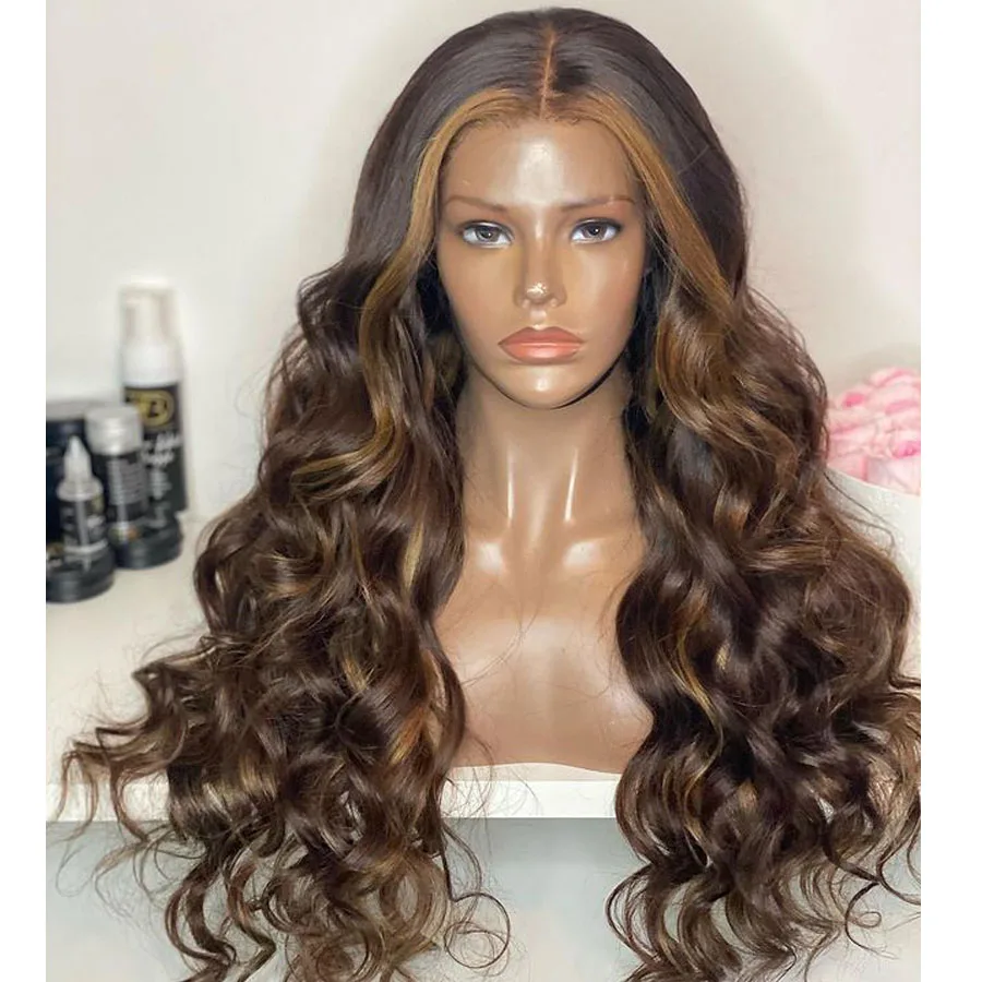 

Pre Plucked Highlight Natural Brown Deep Body Wave Human Hair Wigs for Black Women Glueless 13x6 360 Lace Front Wigs Easy Wear