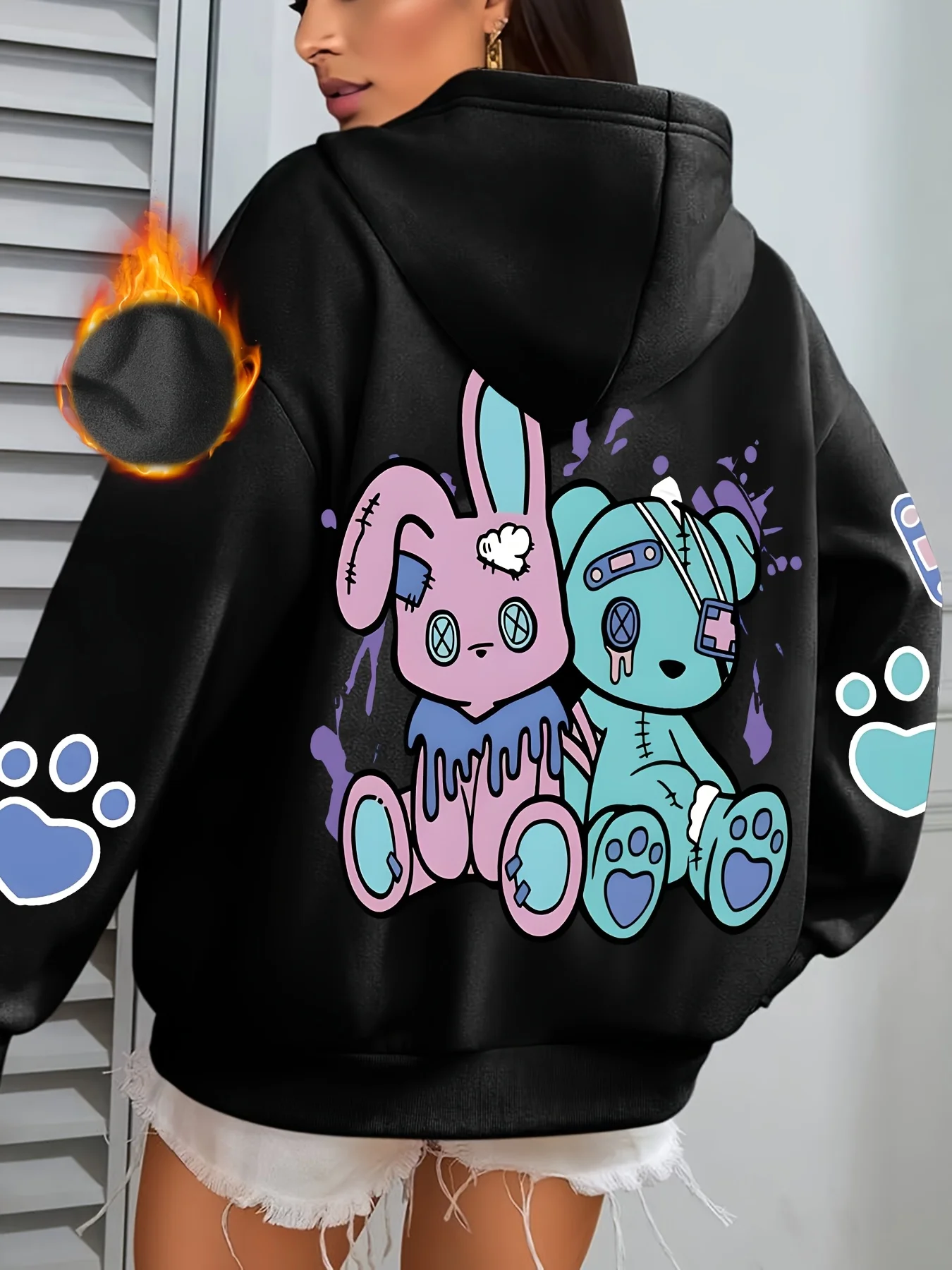 Back sleeve rabbit and bear pattern women's hooded sports pullover autumn and winter, warm and stylish printed hoodie clothing