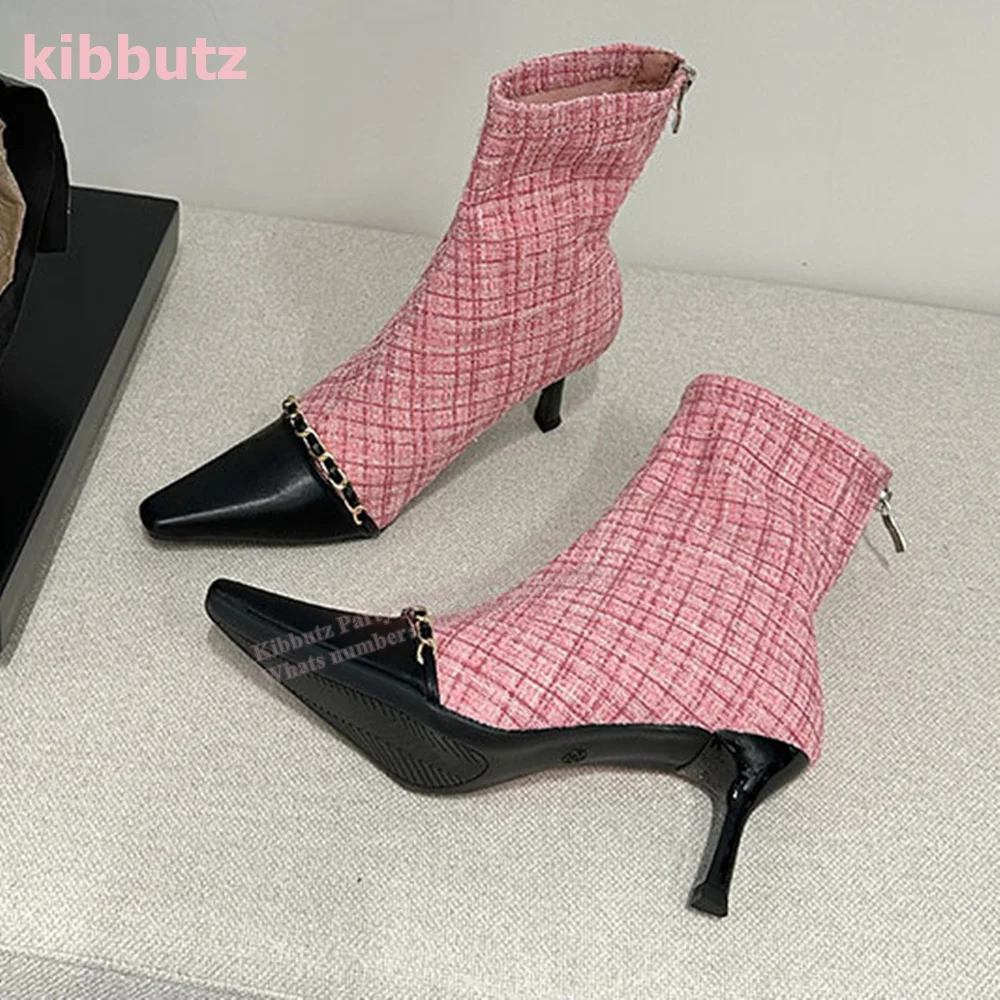 Metal Chain Ankle Boots Pointed Toe Thin Heel Mixed Color Suede Genuine Leather Back Zipper Elegant Fashion Women Shoes Newest