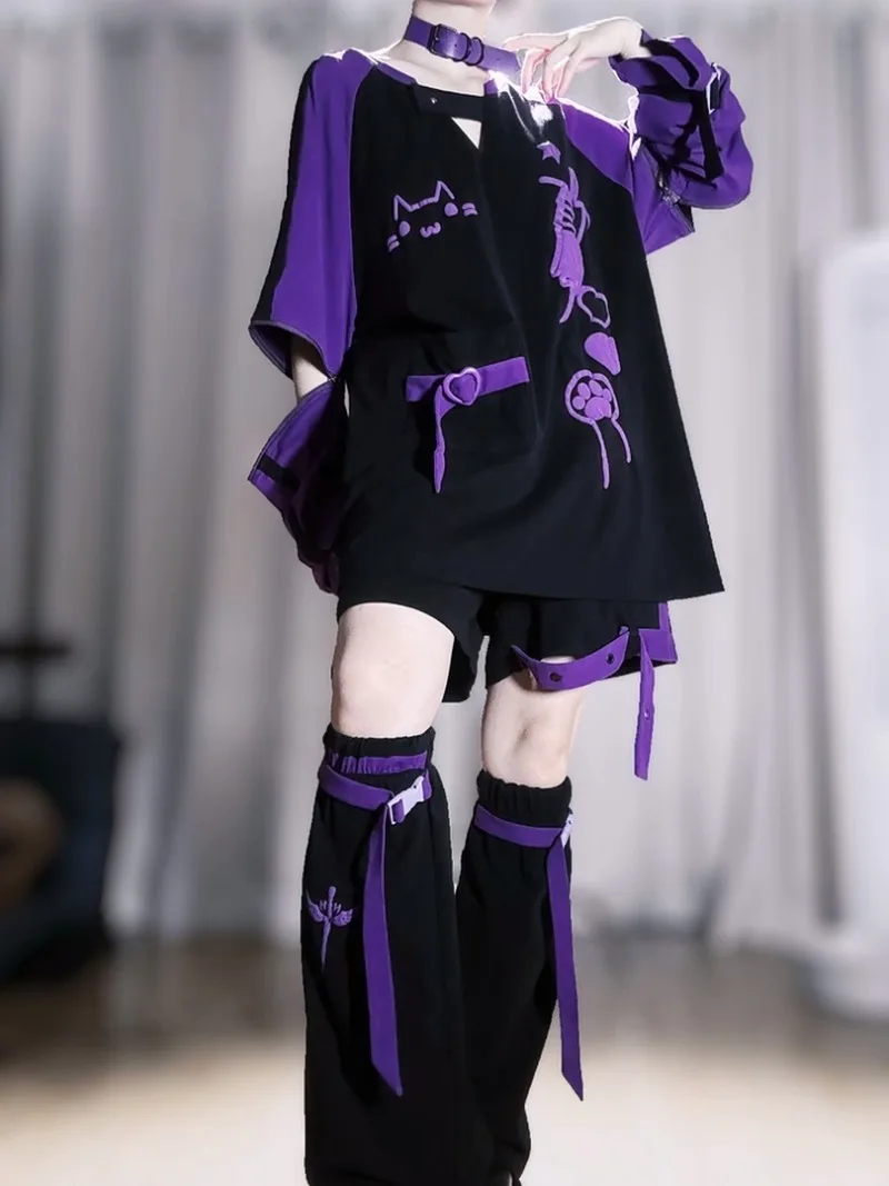 Japanischer Stil Coole Y2k Cosplay Delinquent Girl Abnehmbares T-Shirt Shorts Beinabdeckungen Set Gothic Freizeitkleidung Themenparty-Outfits – Detail 3