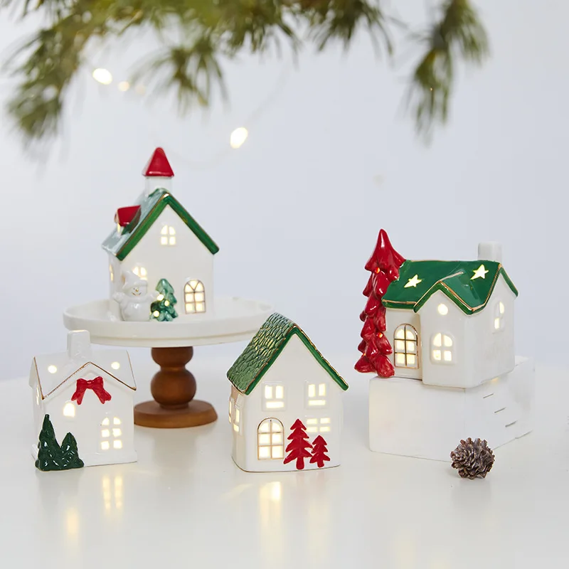 Luminous Ceramic Snow House Christmas Decor Desktop Ornament Xmas Village House Figurine for Window Display Scene Home Party