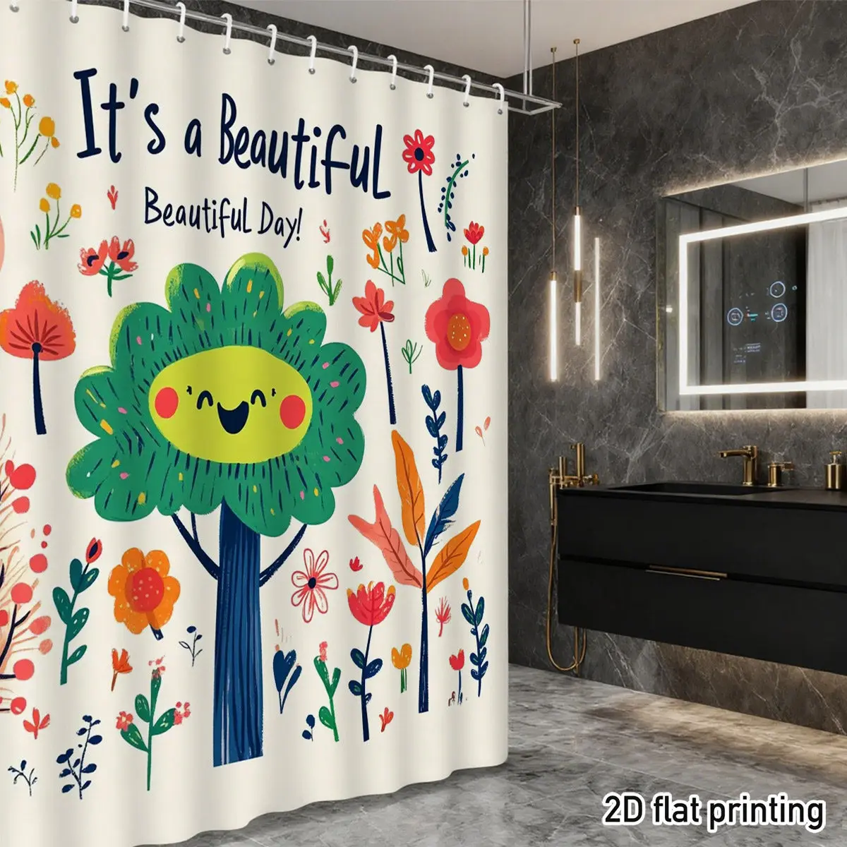 

«Сегодня прекрасный день!» Занавеска для душа – Яркое солнечное дерево, полевые цветы и ботанические мотивы на кремовой основе, водонепроницаемый полиэстер