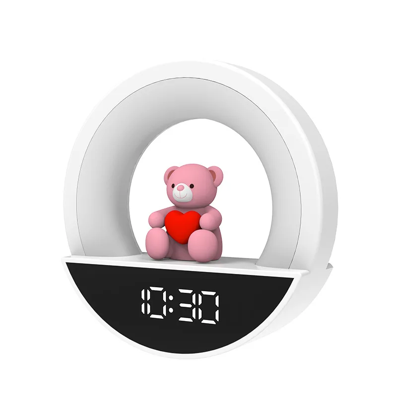 Cute Bear Clock Night Light RGB Colorful Atmosphere Lamp with Remote Control Baby's Room Bedside Lamp Ornaments for Kids Gift