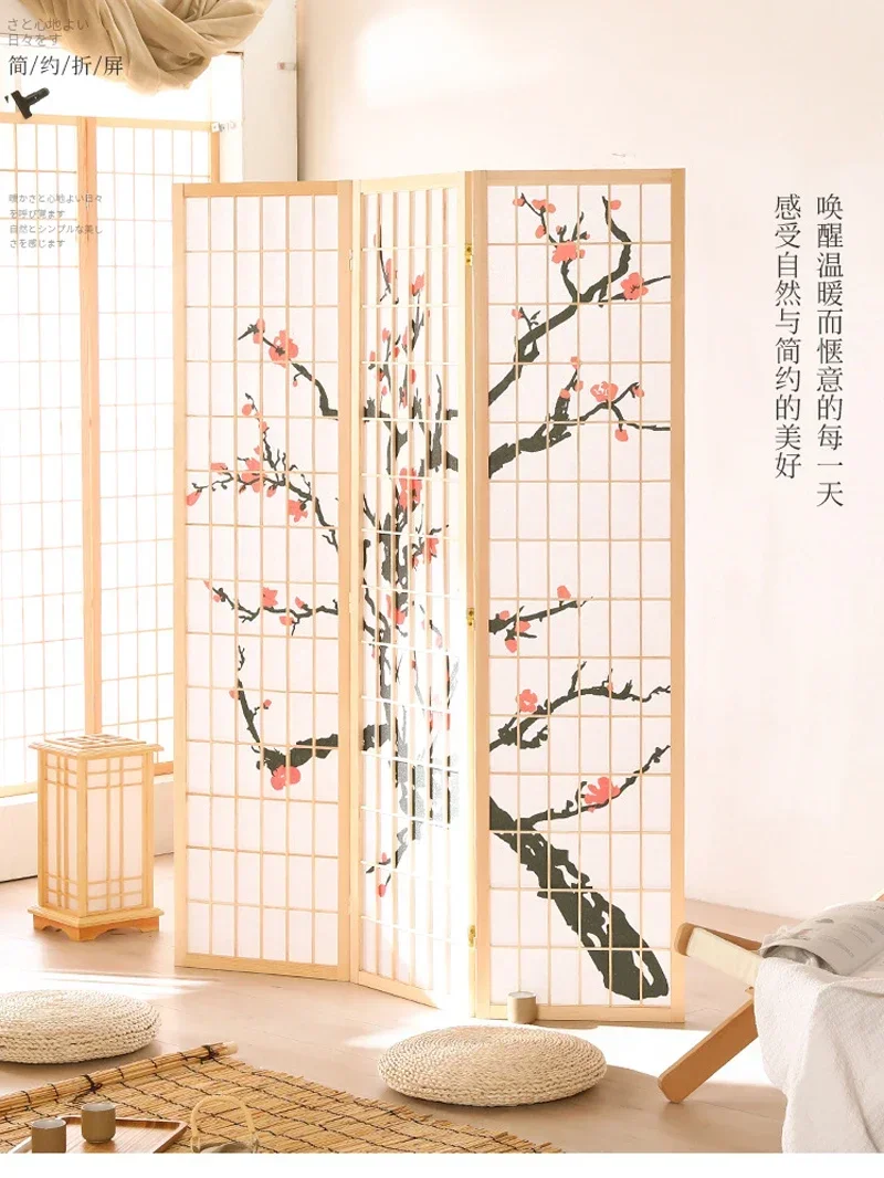 Chinese Plum Bloss Folding Solid Pne Wood Screen Partition Porch White Non-Woven Fabrics Divider Curtain For Home,Office Decor