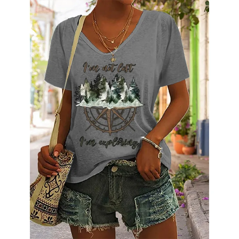 ilstile Women's Hiking Forest Print T-Shirts Summer Short Sleeve Casual Loose T Shirt V Neck Tops Tees New Arrival